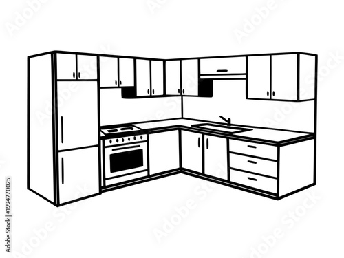 Kitchen cabinets arranged with appliances in corner layout
