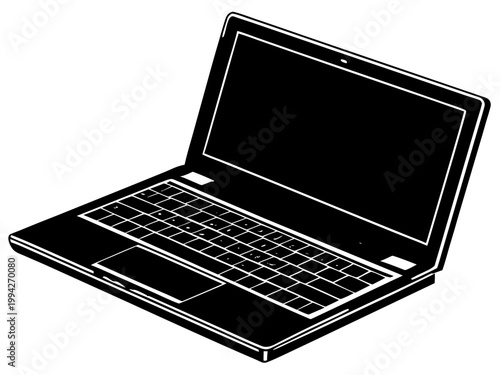 Open laptop computer angled on white background