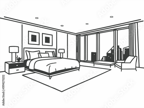 Modern bedroom sketch drawn in perspective with city view