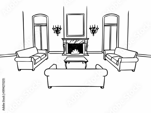 Three sofas arranged around fireplace in large sitting room