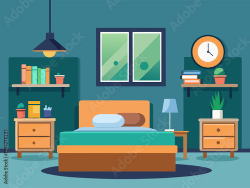 Double nightstand bed with lamp in cozy bedroom interior