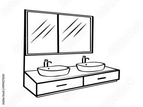 Double sink vanity mounted under large bathroom mirror