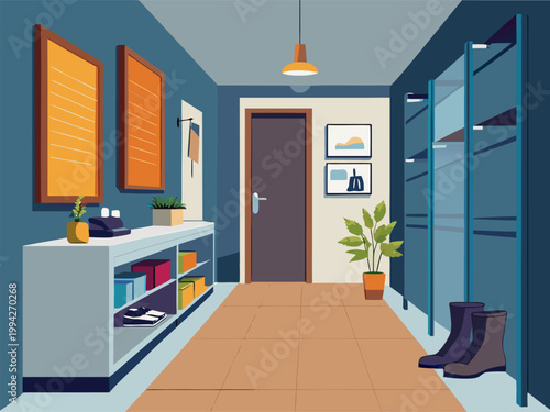 Hallway storage area with door and shoe racks in residential interior