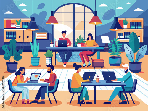 Group of people working together in bright coworking space