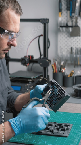 Man in lab coat working with 3D printer objects on green mat
