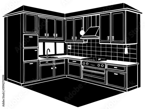 Kitchen cabinetry shown in monochrome corner perspective interior