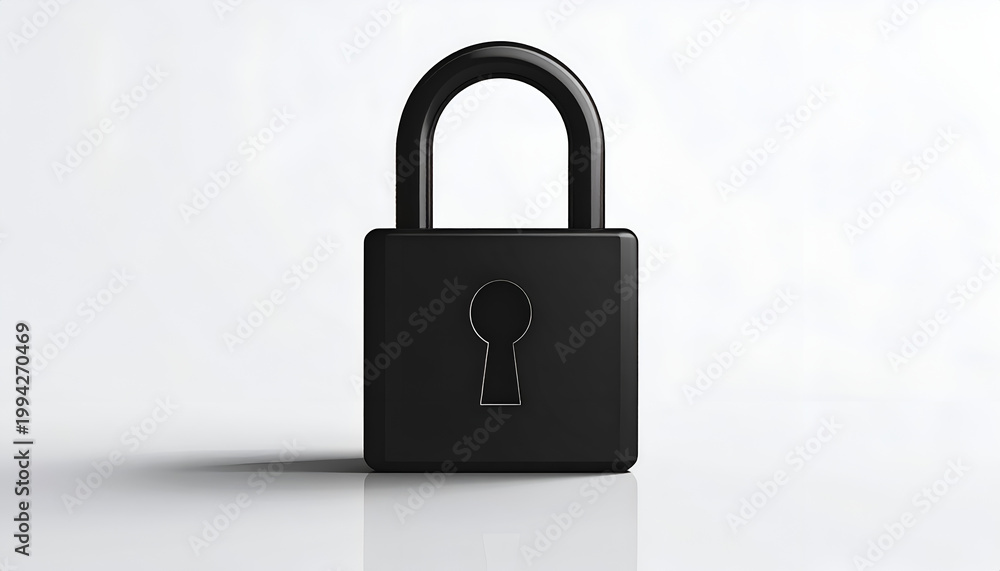 Naklejka premium A sleek, black padlock rests on a pristine white surface, symbolizing security and protection against a minimalist backdrop.