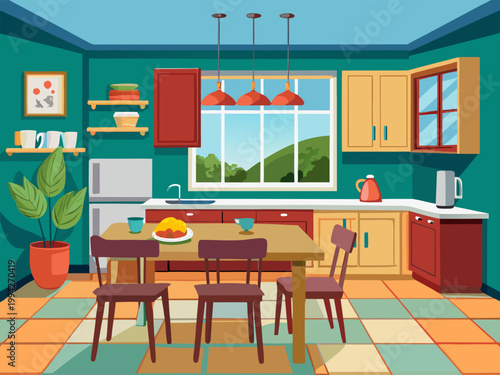 Dining table set arranged in colorful kitchen interior