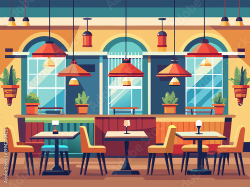 Restaurant seating area with pendant lights and windows