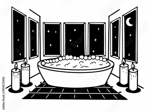 Freestanding bathtub filled with bubbles in night bathroom