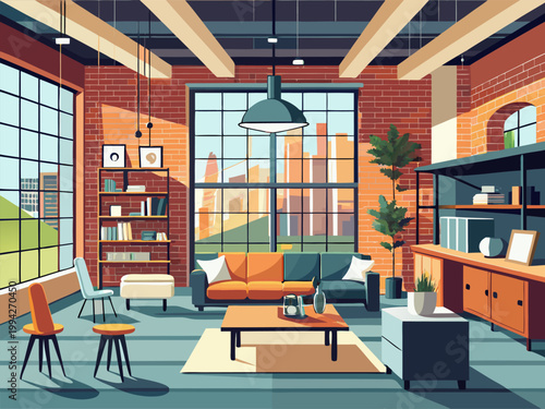 Modern loft living room arranged with furniture and books