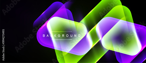 Abstract neon shapes overlap, creating vibrant light effects. Dark background emphasizes glowing colors, modern design element.