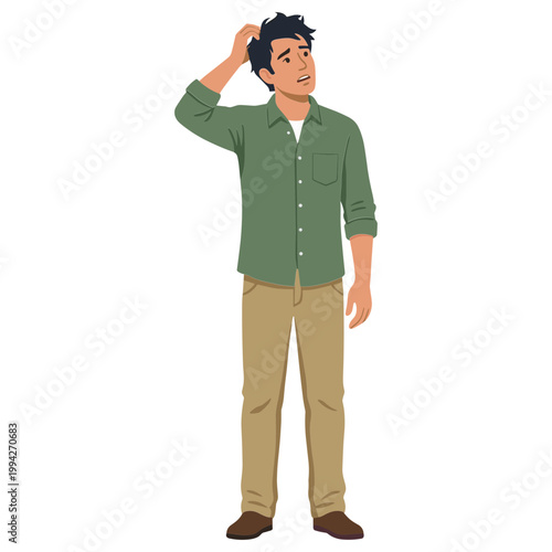 A man in a green shirt scratches his head thoughtfully indoors.