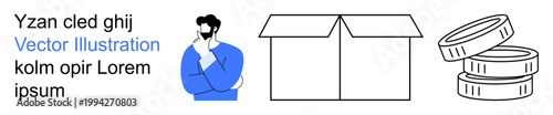 Problem-solving, logistics, finance, commerce, economics, decision-making. A person thinking, a cardboard box and coins stack. Problem-solving and logistics ideas with economic