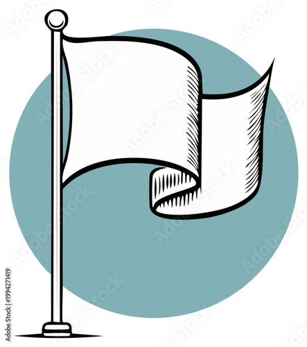Empty white flag waving on a flagpole against a teal circular backdrop, graphic illustration