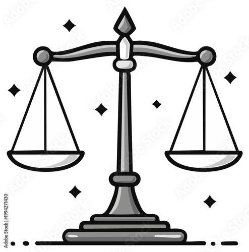 Illustration of Justice Scales with Sparkles: Law, Balance, Legal Concept. Perfect for justice and legal illustrations.