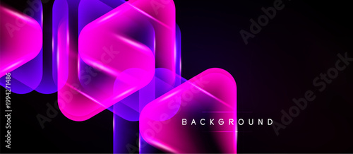 Abstract neon shapes overlap, creating vibrant gradients. Dark background emphasizes glowing pink, purple hues. Modern design element.