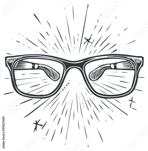 Classic Style Eyeglasses with Vintage Sunburst Effect Black and White Hand Drawn Illustration