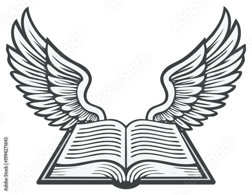 Open book with stylized wings spreading upwards symbolizing knowledge and enlightenment