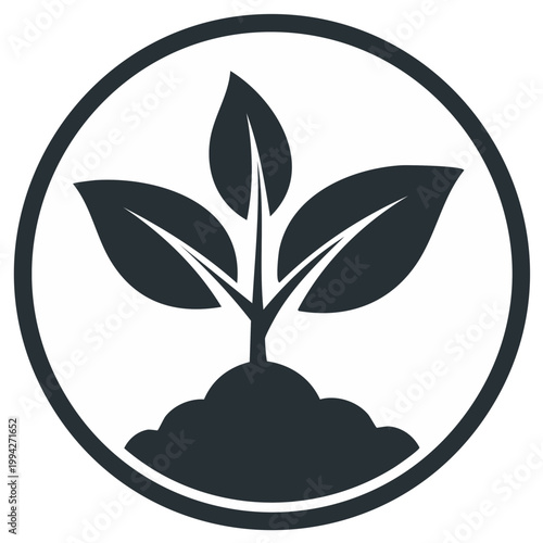Growing plant with leaves icon inside of circle symbol. Nature and ecology concept. Vector illustration.