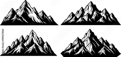 Mountain range silhouettes, black rocky landscape shapes. Isolated vector range of hills, monochrome ridges. Alps with summit peaks set of elements for adventure, rocks climbing, travel and hiking