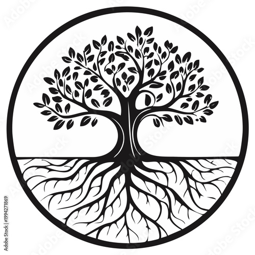 Circular black and white illustration of a tree with roots and leaves