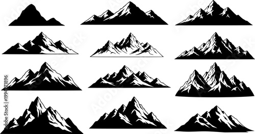 Mountain range silhouettes, black rocky landscape shapes. Isolated vector range of hills, monochrome ridges. Alps with summit peaks set of elements for adventure, rocks climbing, travel and hiking