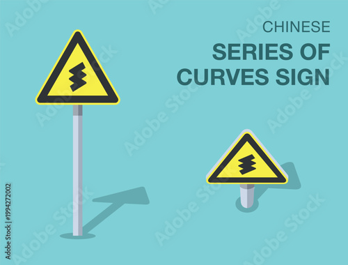 Traffic regulation rules. Isolated chinese "series of curves" road sign. Front and top view. Flat vector illustration template.