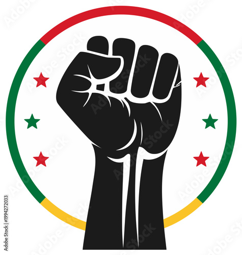 Raised clenched fist symbol with Pan African colors and stars representing power and unity