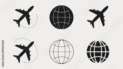Airplane flying around globe icons set travel and transportation symbols flat vector illustration