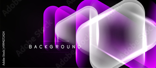 Abstract geometric shapes overlap, creating glowing effect. Purple, white hues dominate dark background. Modern design element.