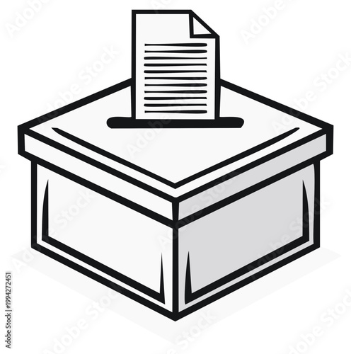 Stylized illustration of a ballot box with a document being inserted representing democracy and voting