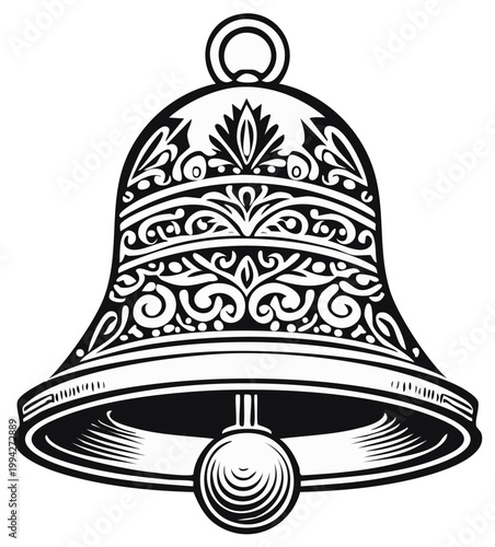 Ornate antique bell with detailed engraving and clear striker casting a striking silhouette