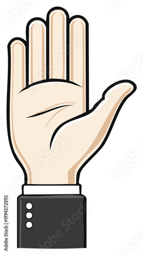 Palm of a person wearing a suit showing a stop gesture isolated on white background