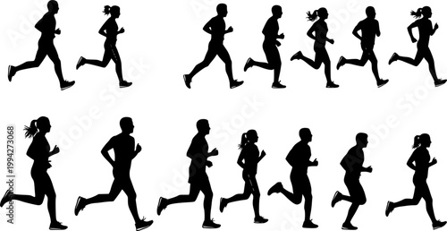 Run. Running men and women, vector set of isolated silhouettes
