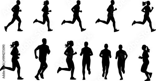 Run. Running men and women, vector set of isolated silhouettes
