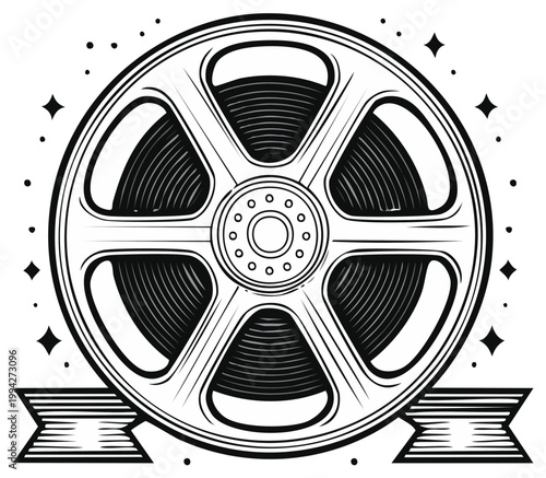 Film reel illustration with decorative ribbon banner and sparkle accents for movie industry branding