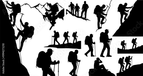 Big set of mountaineer climber hiker people, vector silhouette collection
