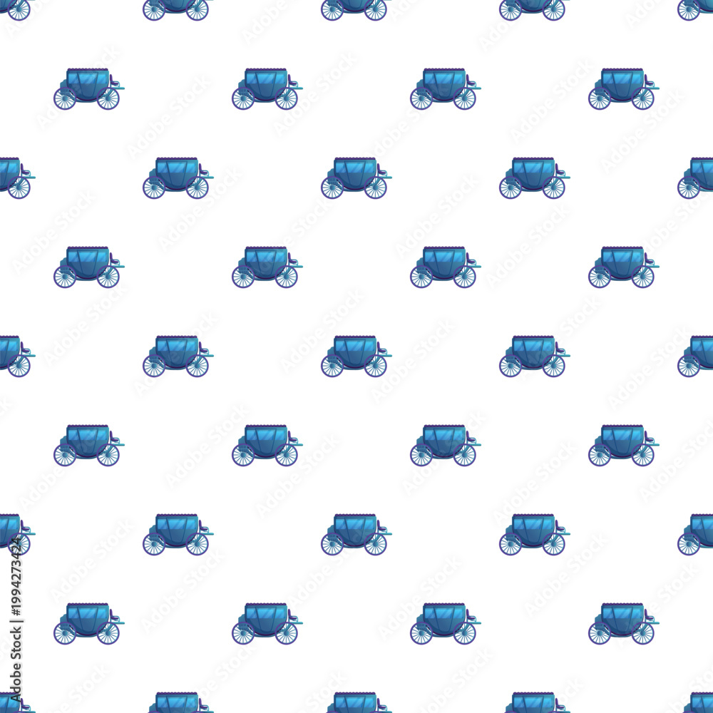 Fototapeta premium Blue vintage horse drawn carriages creating a seamless pattern on white background