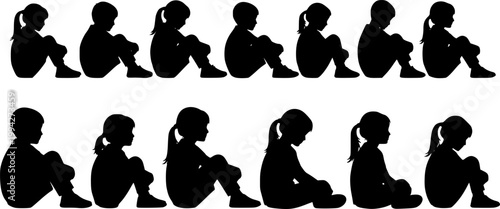 Kids sitting silhouettes vector black and white illustration. Children seated in various poses from side view.
