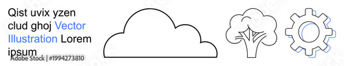 Environmental conservation, technology innovation, sustainability, digital ecosystems, cloud computing, renewable resources. Minimalistic cloud, tree and gear shapes. Environmental conservation