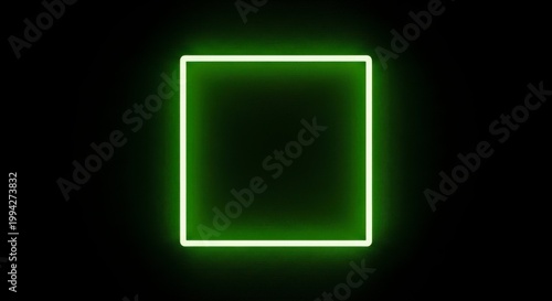 A bright green neon rectangle glows against a dark background