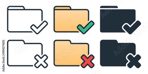 Document Folder Icon with Checklist and Cross Mark. Task Validation and Error. Vector Illustration
