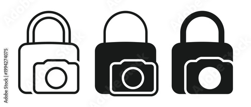 Protected Camera Icon with Padlock and Lens. Vector Illustration