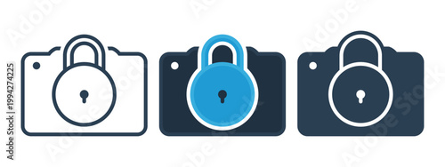 Locked Camera Icon with Padlock and Lens. Vector Illustration