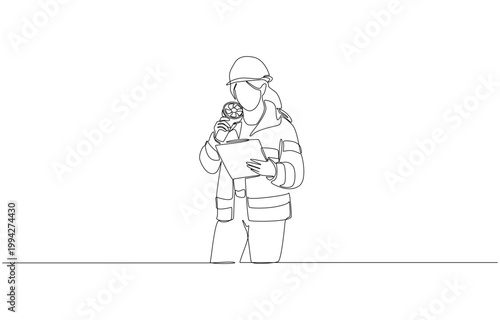 Continuous one line of female engineer holding portable fan while working at construction site, working outdoor concept, single line art