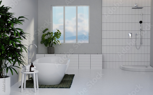 Wellness in modern bathroom design with sleek freestanding tub. 3D render illustration