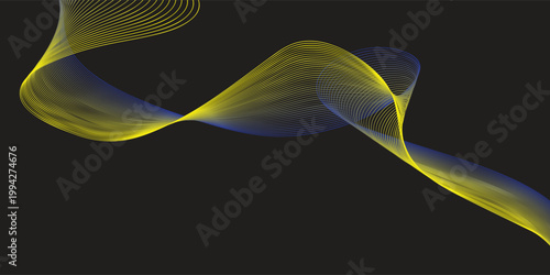 Abstract Yellow and Blue Swirling Light Wave on Dark Background.