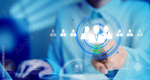 recruitment selection, business person selecting candidate with team icons and approval checkmark, talent acquisition and workforce management concept