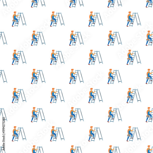 Man in overalls climbing a stepladder repeated to create a cartoon seamless pattern